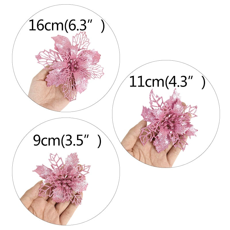 5pcs 9-16cm Glitter Christmas Flower For Xmas Tree Decorations