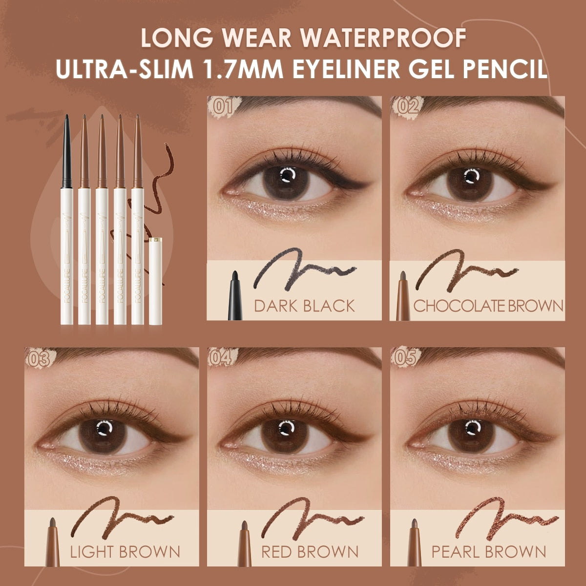 FOCALLURE Waterproof Eyeliner Gel Pencil Red Brown Ultra-slim