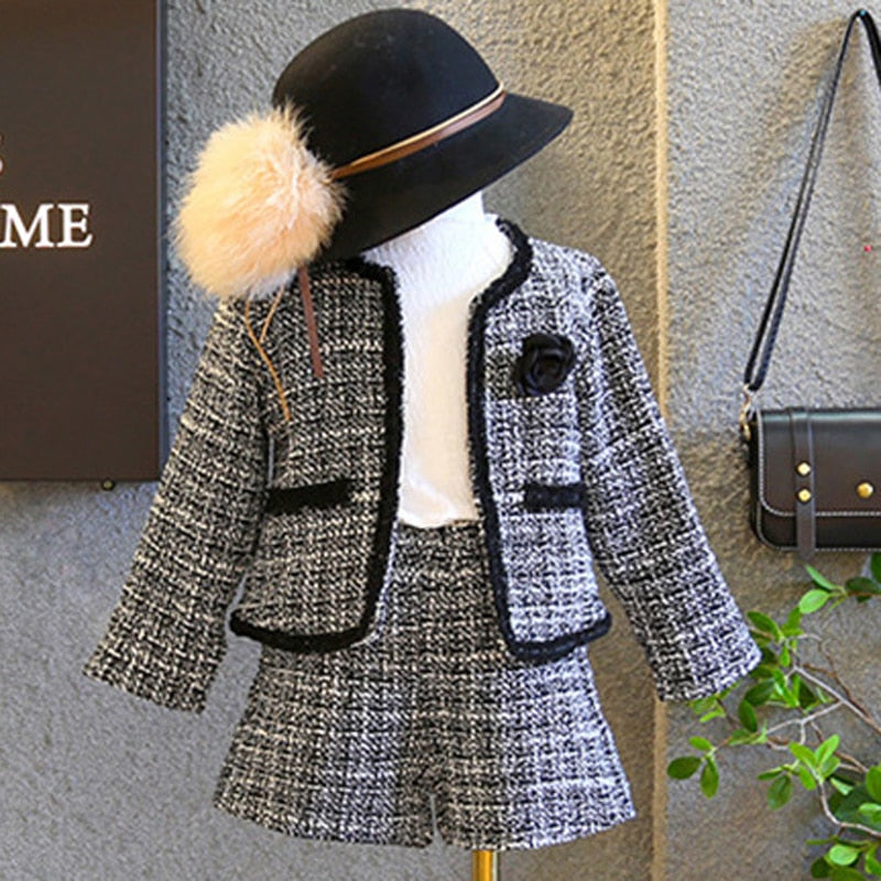 Girls Sets Children Clothing Autumn Winter Plaid Knit Cardigan Sweater