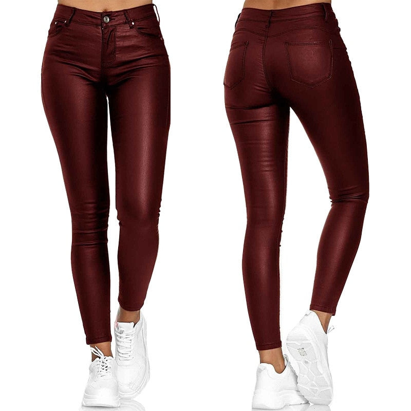 Women Leather Pants Black Sexy Stretch Bodycon Trousers