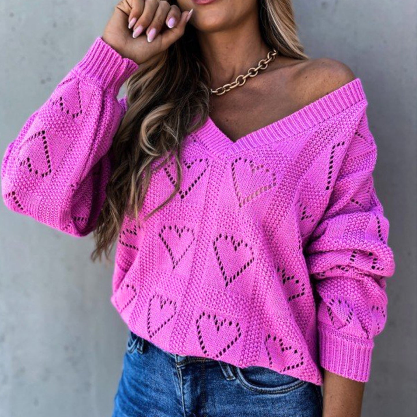Women Autumn Winter Love Heart Hollow Crochet Sweater Loose