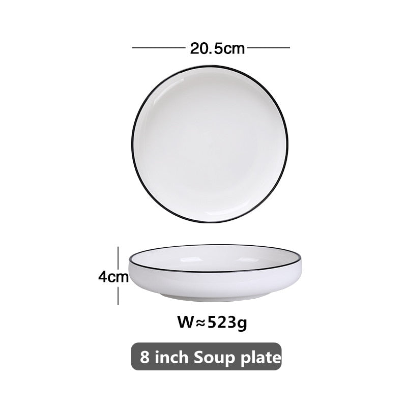 White With Black Edge Dinner Plate Ceramic Kitchen Dishes