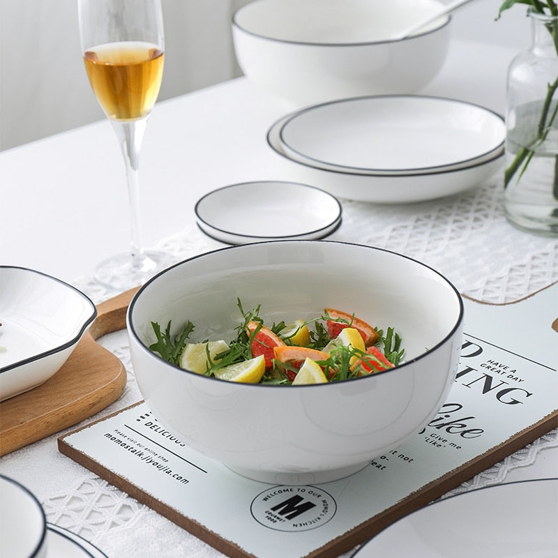 White With Black Edge Dinner Plate Ceramic Kitchen Dishes