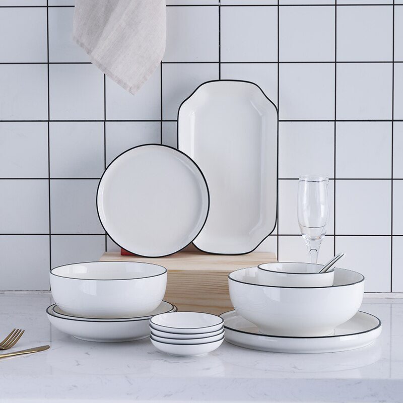 White With Black Edge Dinner Plate Ceramic Kitchen Dishes