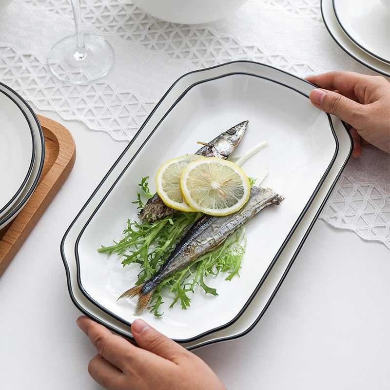 White With Black Edge Dinner Plate Ceramic Kitchen Dishes