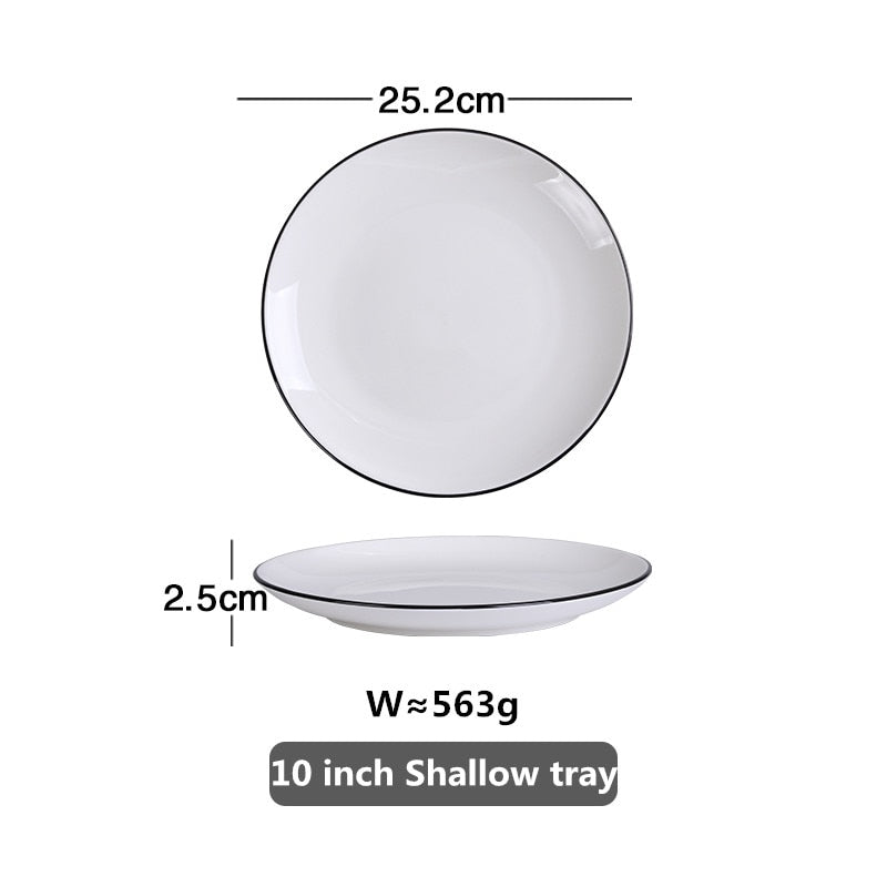 White With Black Edge Dinner Plate Ceramic Kitchen Dishes