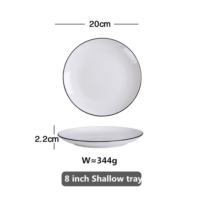 White With Black Edge Dinner Plate Ceramic Kitchen Dishes