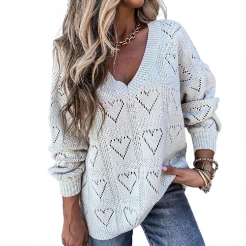 Women Autumn Winter Love Heart Hollow Crochet Sweater Loose