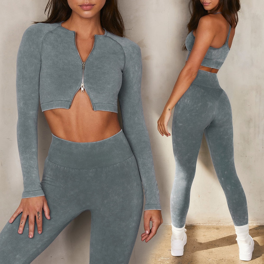 Women Seamless Sports Bra Long Sleeve Crop Top Set