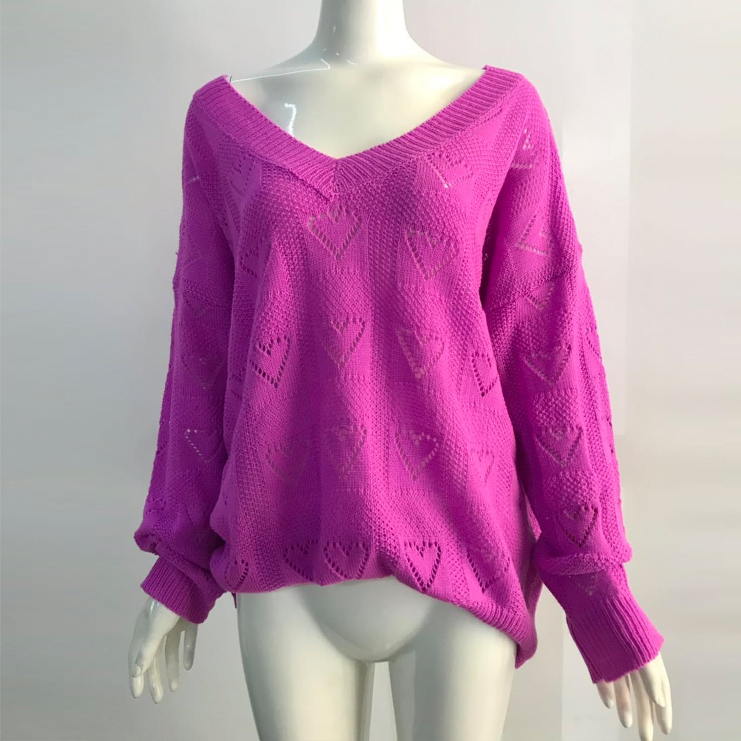 Women Autumn Winter Love Heart Hollow Crochet Sweater Loose
