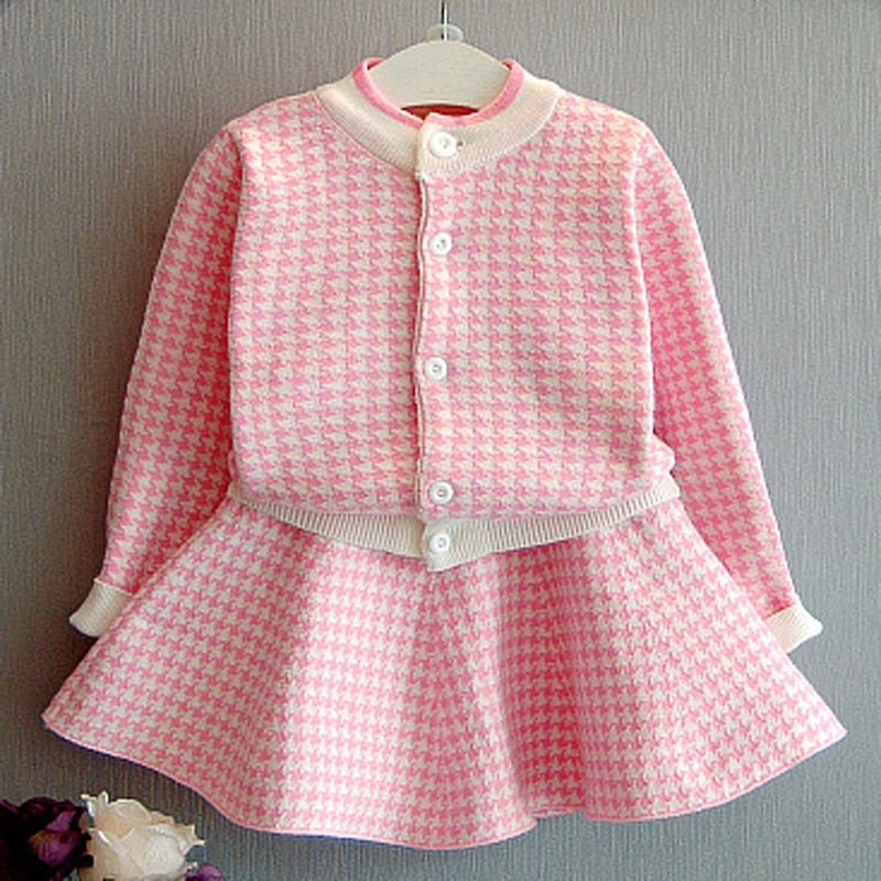 Girls Sets Children Clothing Autumn Winter Plaid Knit Cardigan Sweater
