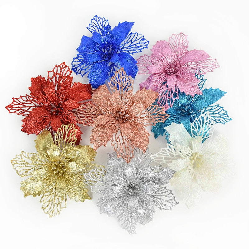 5pcs 9-16cm Glitter Christmas Flower For Xmas Tree Decorations