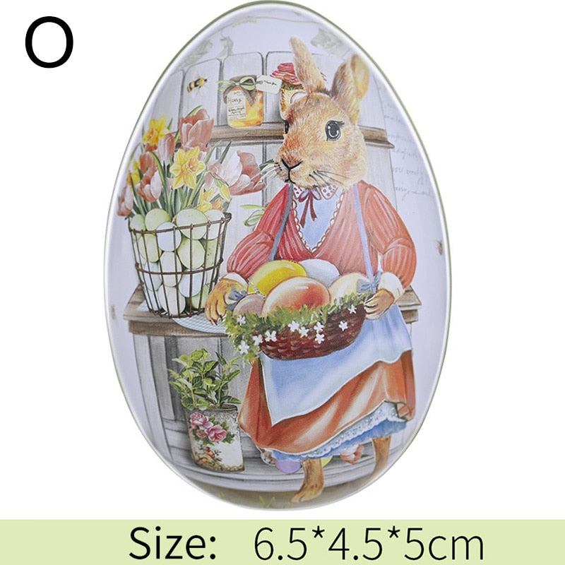 Metal Easter Egg Shape Cute Bunny Rabbit Printed Egg Candy Box