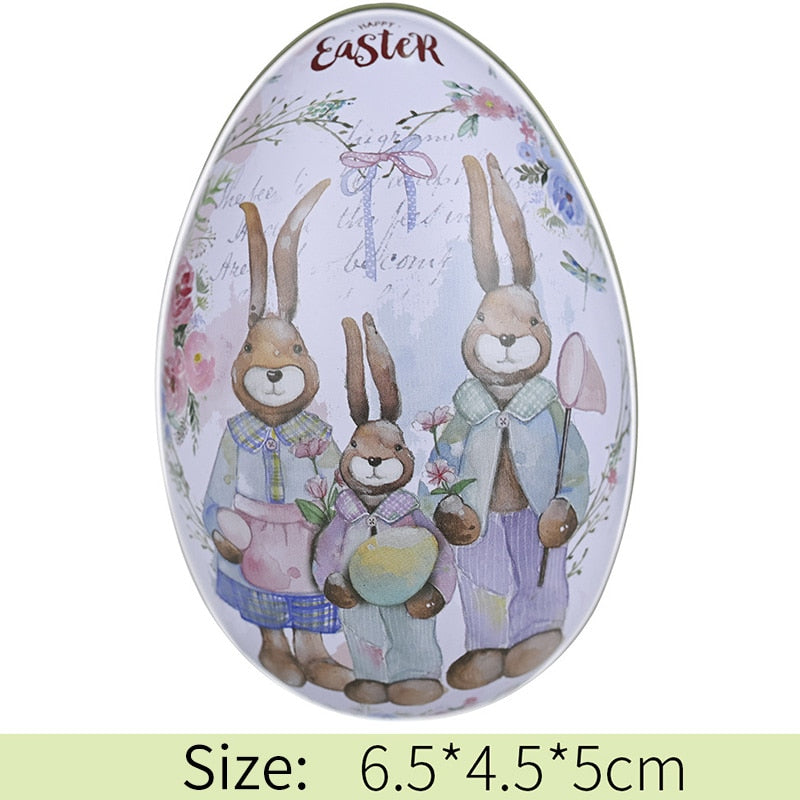 Metal Easter Egg Shape Cute Bunny Rabbit Printed Egg Candy Box