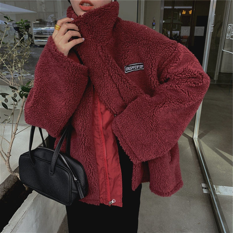 Harajuku Two Sides Wear Lamb Wool Coat Women 2022 Autumn