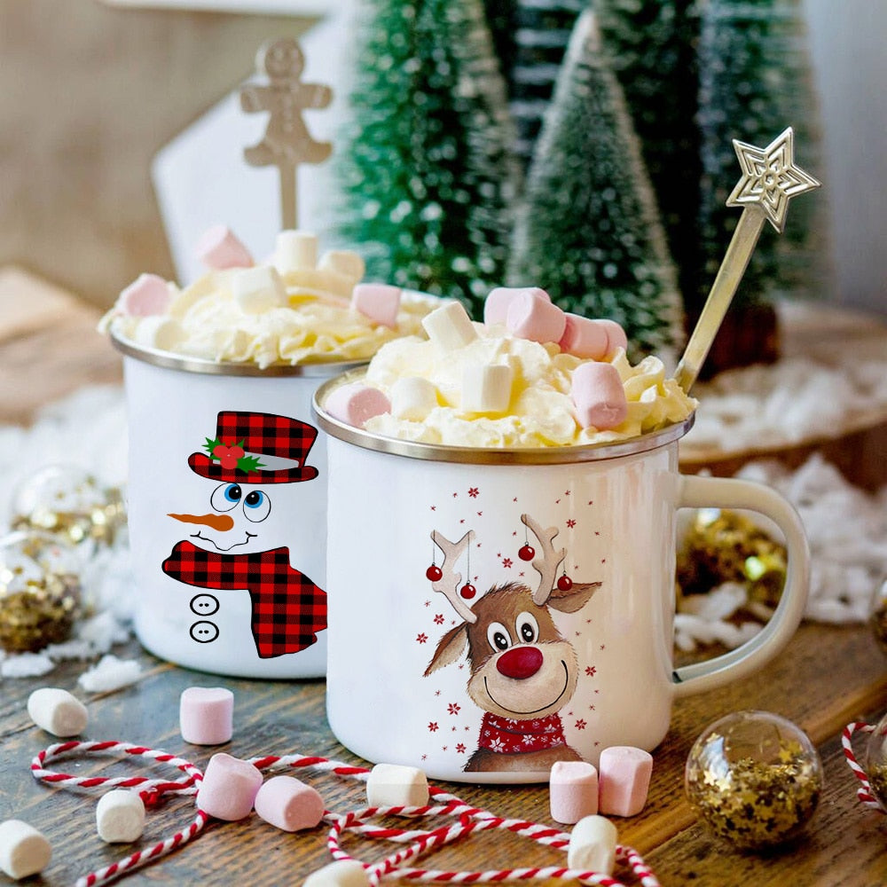 Snowman Deer Print Enamel Coffee Mugs Christmas Gifts New Year Party