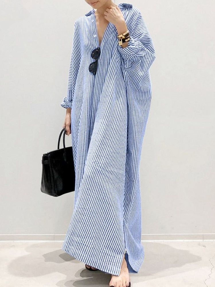 Fashion Cotton Linen Striped Cardigan Loose Large Casual