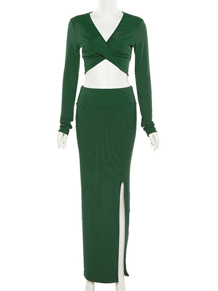 Elegant Two Piece Sets Outfits Women Long Sleeve Crop Tops Bodycon Slit Maxi Skirts Suits Party Evening Long Dress 2022 Autumn