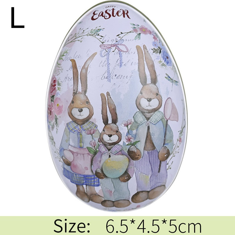 Metal Easter Egg Shape Cute Bunny Rabbit Printed Egg Candy Box