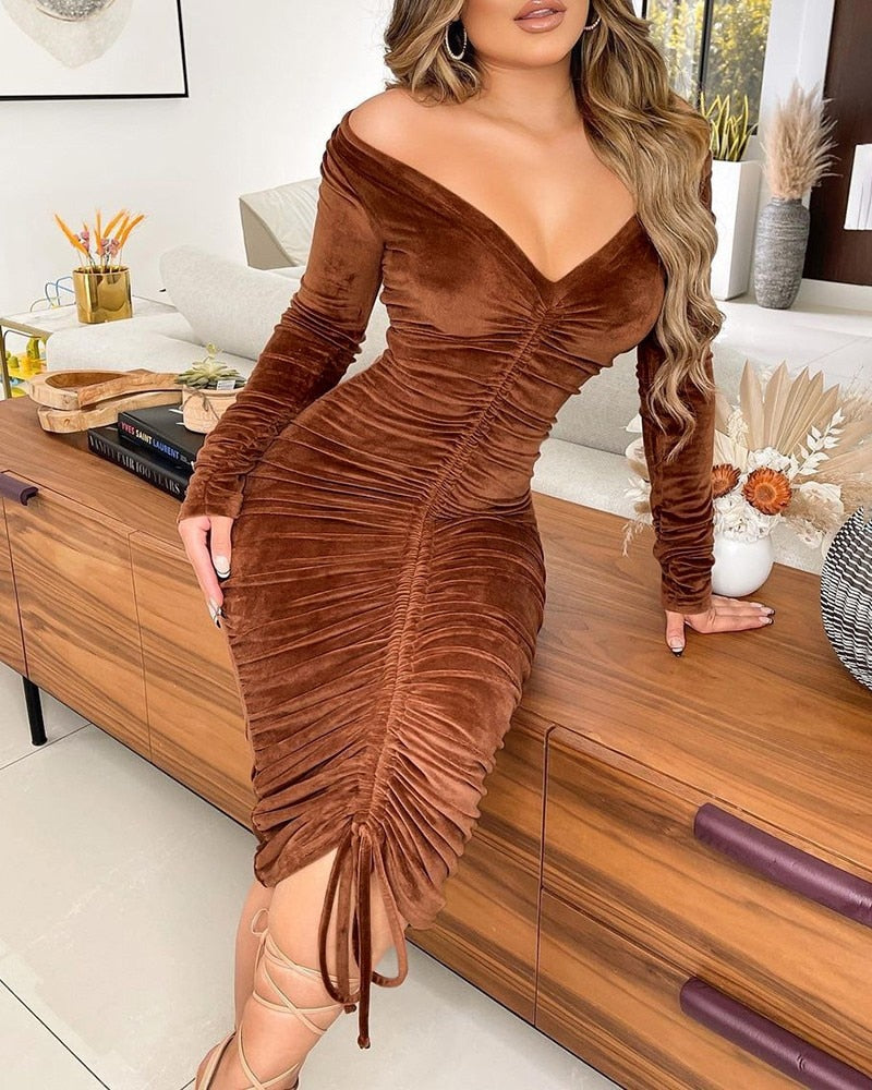 Women Velvet Drawstring Off Shoulder Long Sleeve Bodycon Midi Dress