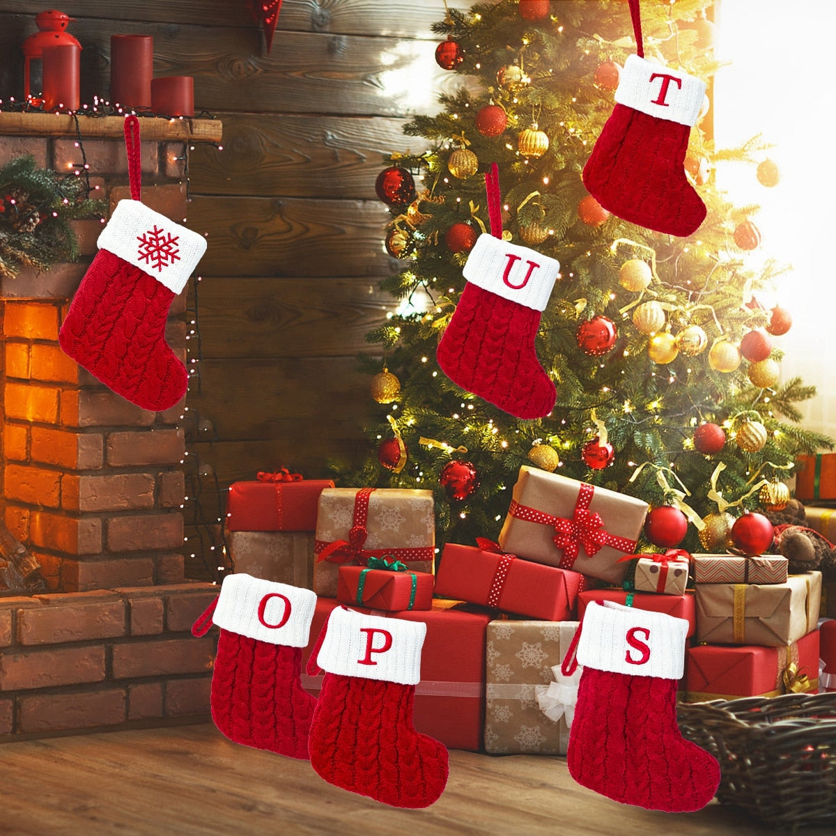Christmas Socks Red Snowflake Alphabet Letters Decorations