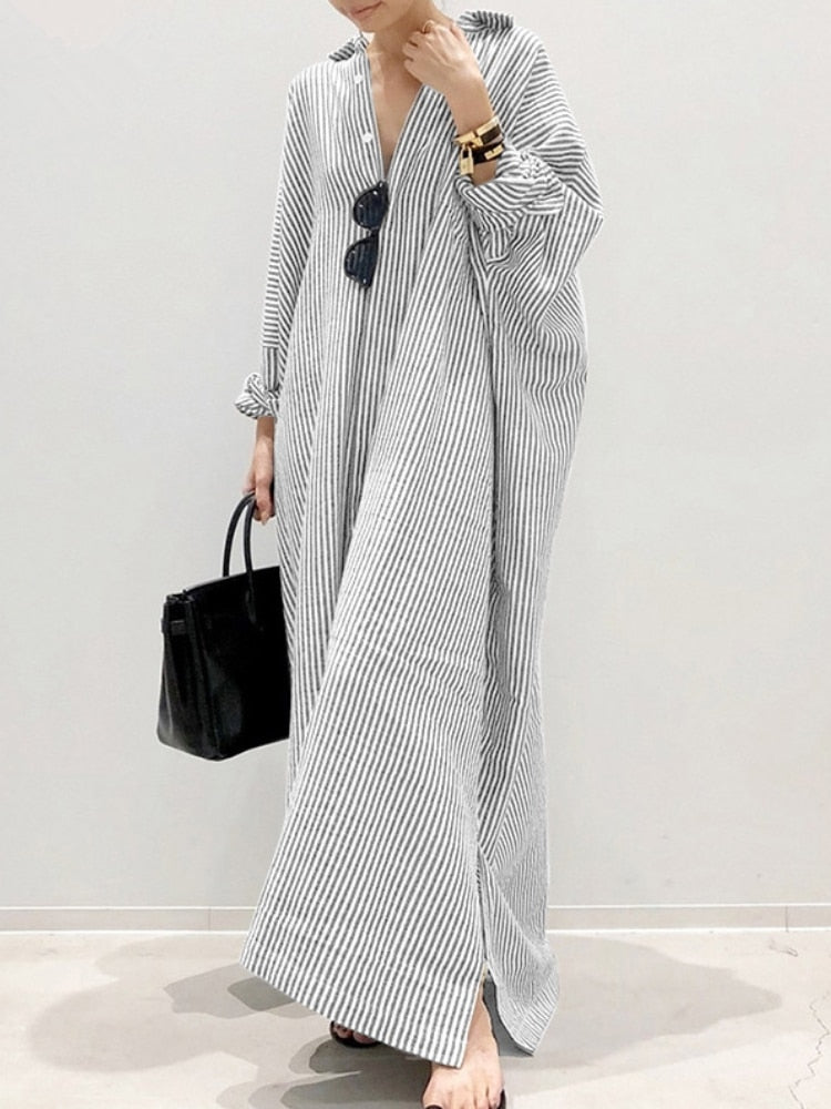 Fashion Cotton Linen Striped Cardigan Loose Large Casual