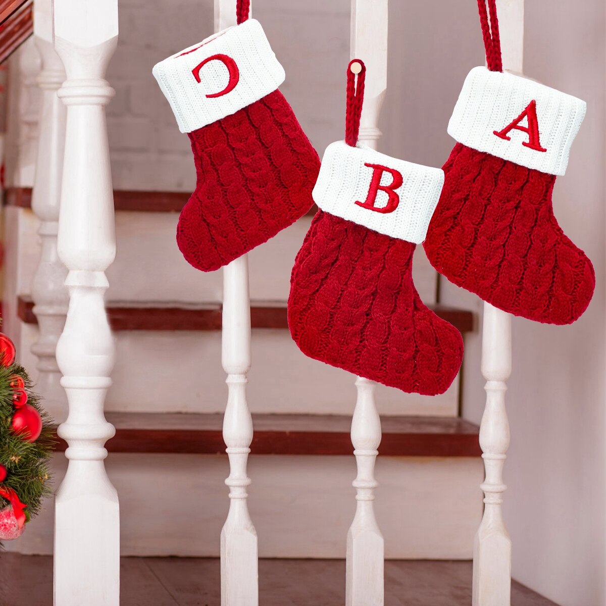 Christmas Socks Red Snowflake Alphabet Letters Decorations