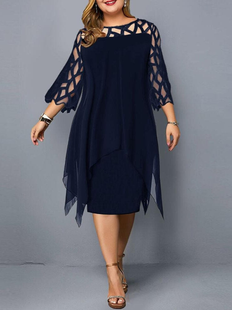 Ladies Plus Size Three Quarter Sleeve Dress Lace Sequin Mesh Sexy Elegant Casual Party Red Black Cutout Loose Summer Dress