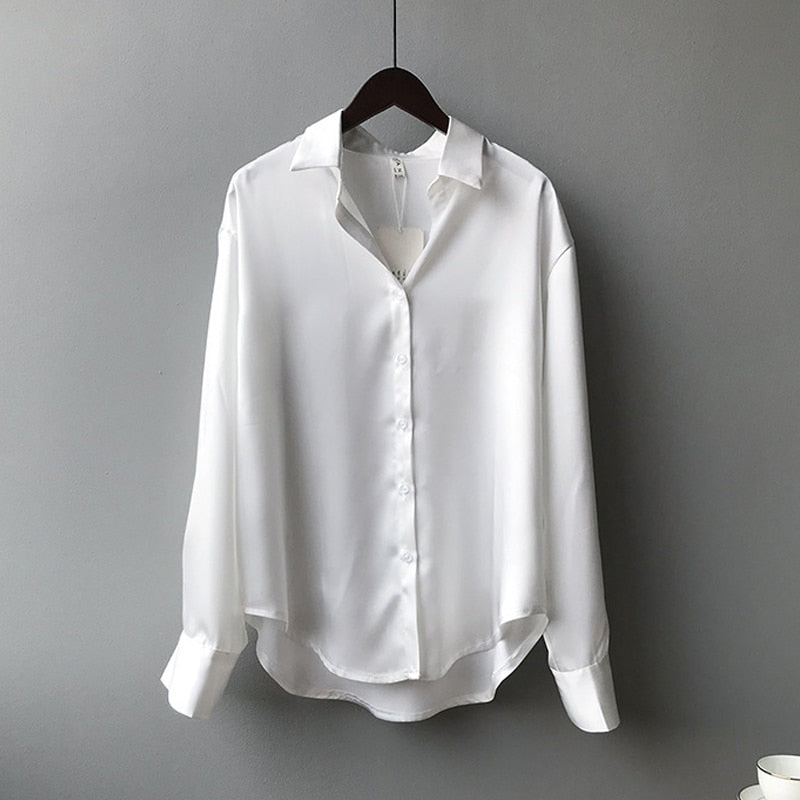 Autumn Fashion Button Up Satin Silk Shirt Vintage Blouse Women