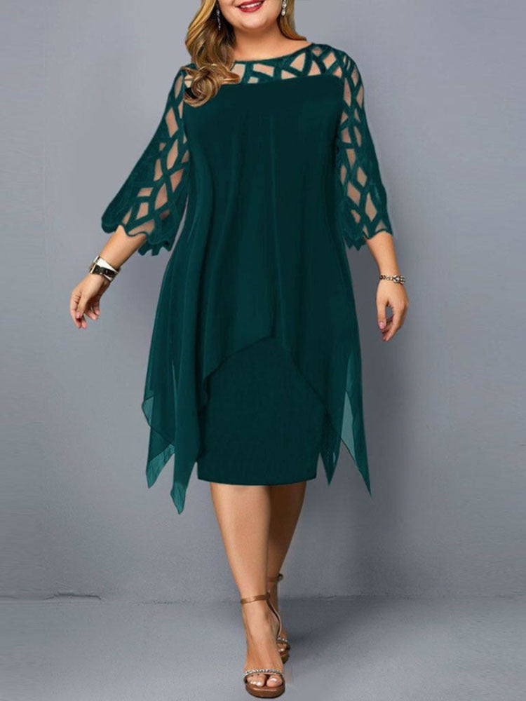 Ladies Plus Size Three Quarter Sleeve Dress Lace Sequin Mesh Sexy Elegant Casual Party Red Black Cutout Loose Summer Dress