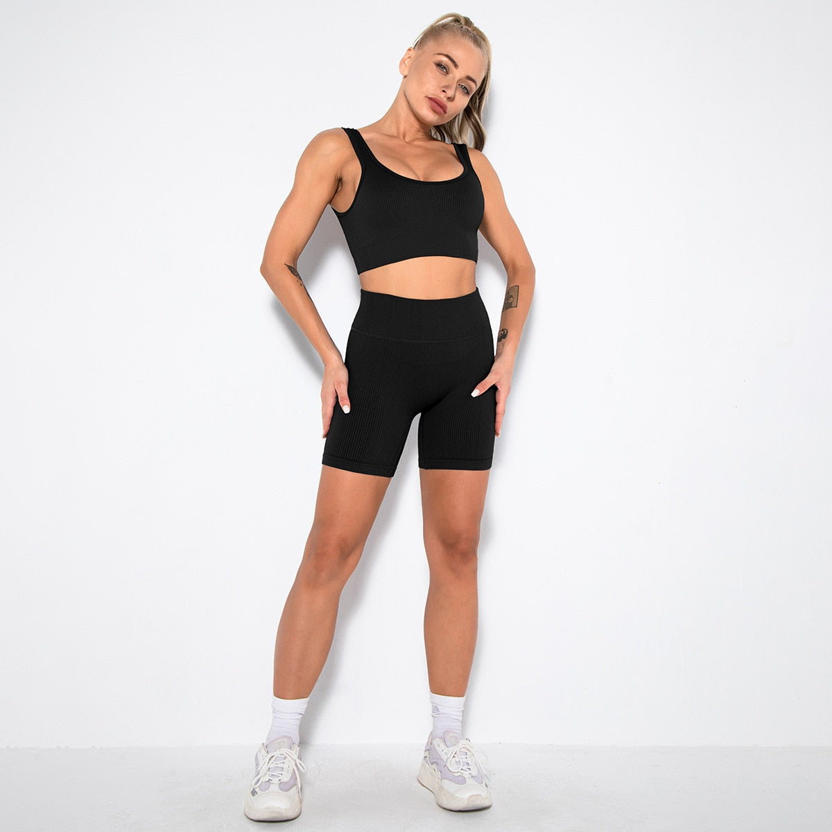 Seamless Sport Set Women 2 Two Piece Crop top Bra Leggings Shorts Yoga Set
