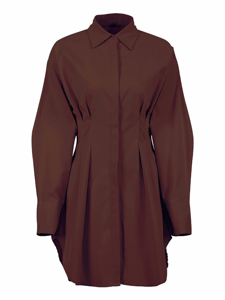 Autumn Winter Dress Women Khaki Long Sleeve Pleated Shirt Dress