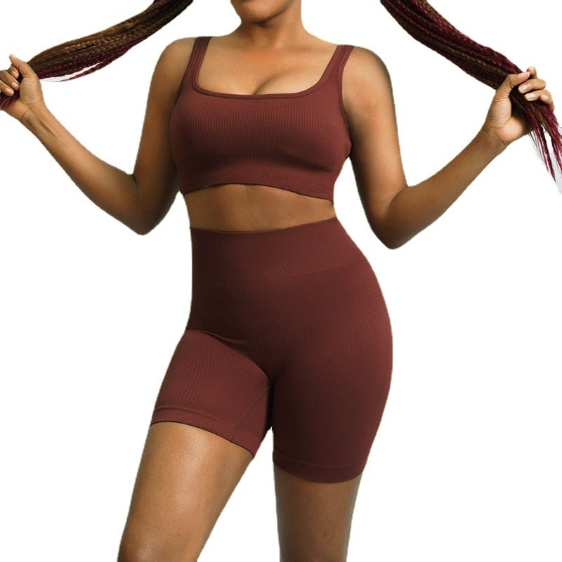 Seamless Sport Set Women 2 Two Piece Crop top Bra Leggings Shorts Yoga Set