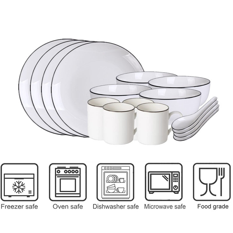 White With Black Edge Dinner Plate Ceramic Kitchen Dishes