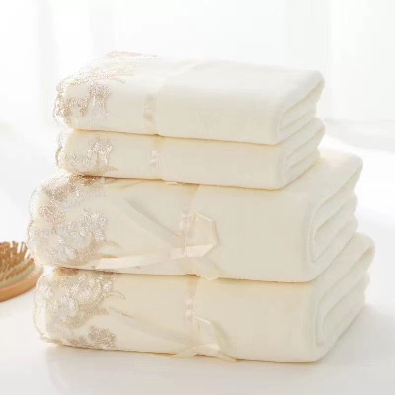 Microfiber Towel Set Luxury Lace Embroidered Bath Towel Gift Set