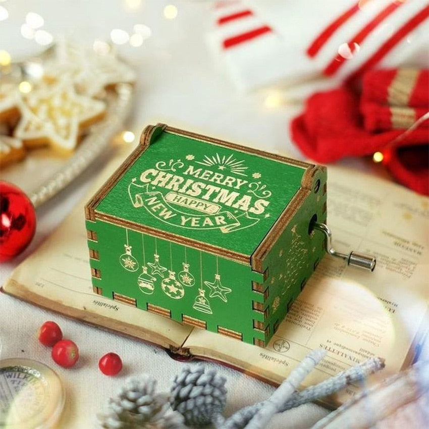 New Wooden Hand Crank Music Box Merry Christmas Music Theme