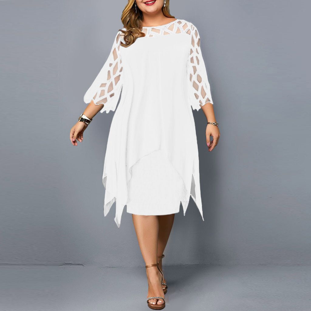 Ladies Plus Size Three Quarter Sleeve Dress Lace Sequin Mesh Sexy Elegant Casual Party Red Black Cutout Loose Summer Dress