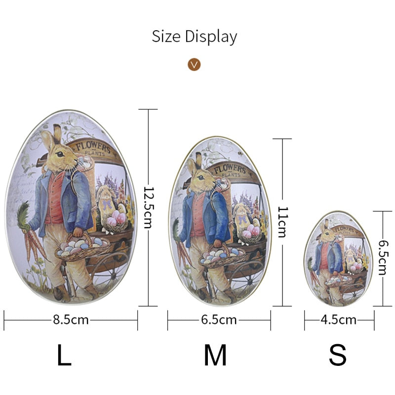 Metal Easter Egg Shape Cute Bunny Rabbit Printed Egg Candy Box