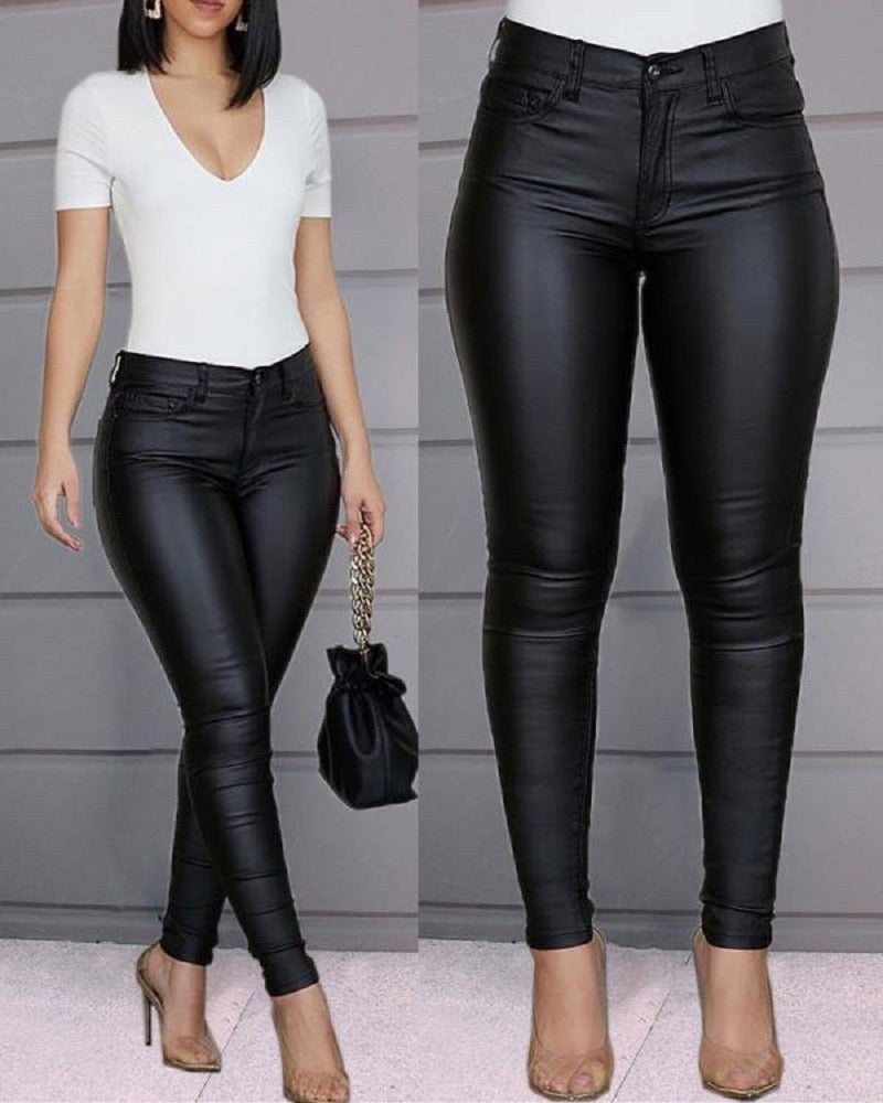 Women Leather Pants Black Sexy Stretch Bodycon Trousers