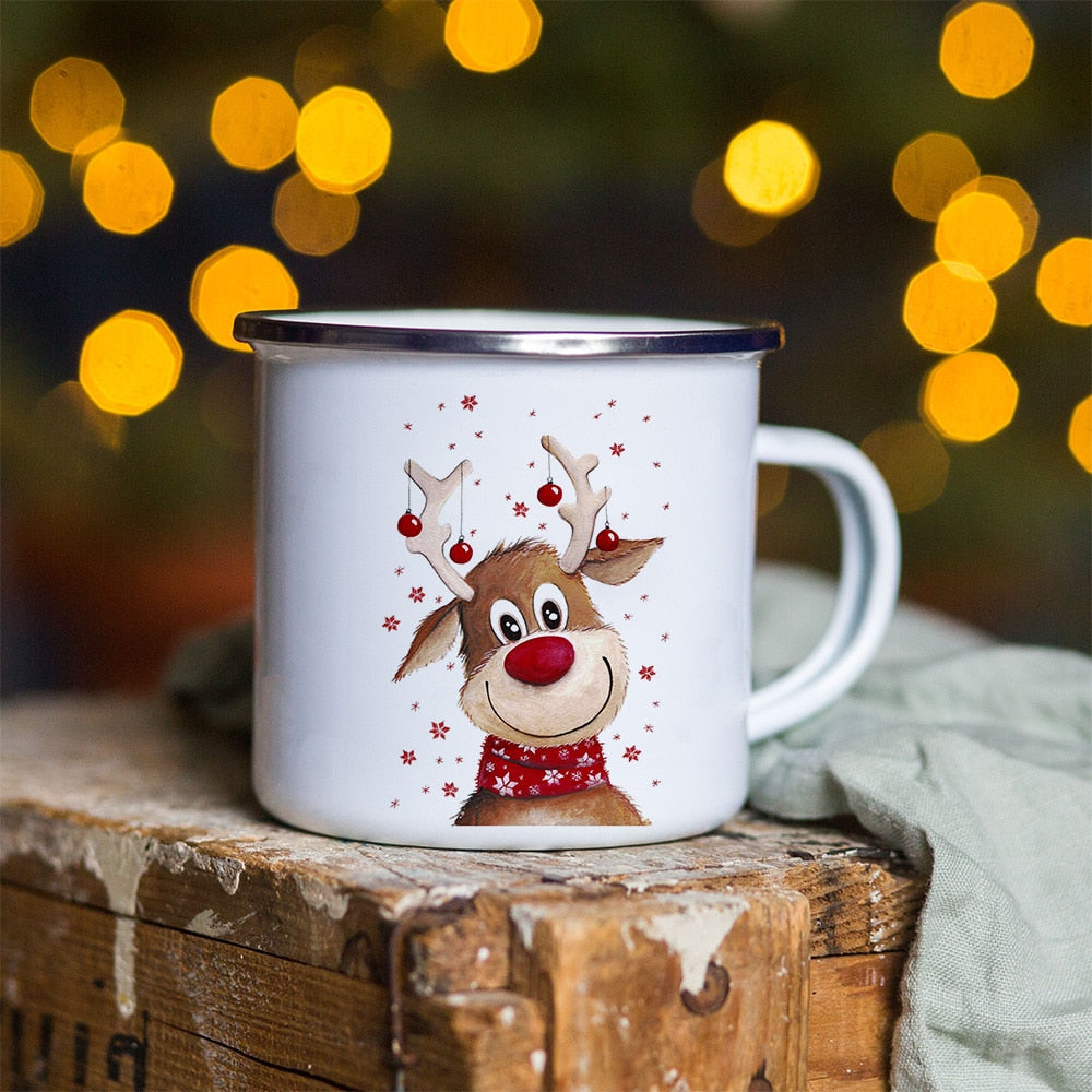 Snowman Deer Print Enamel Coffee Mugs Christmas Gifts New Year Party