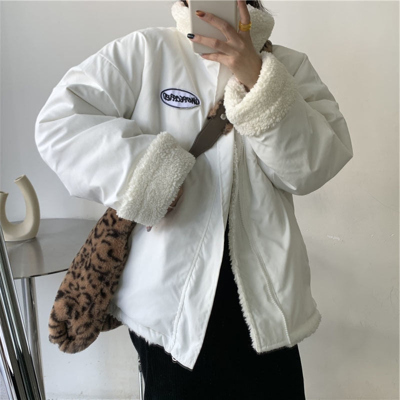 Harajuku Two Sides Wear Lamb Wool Coat Women 2022 Autumn