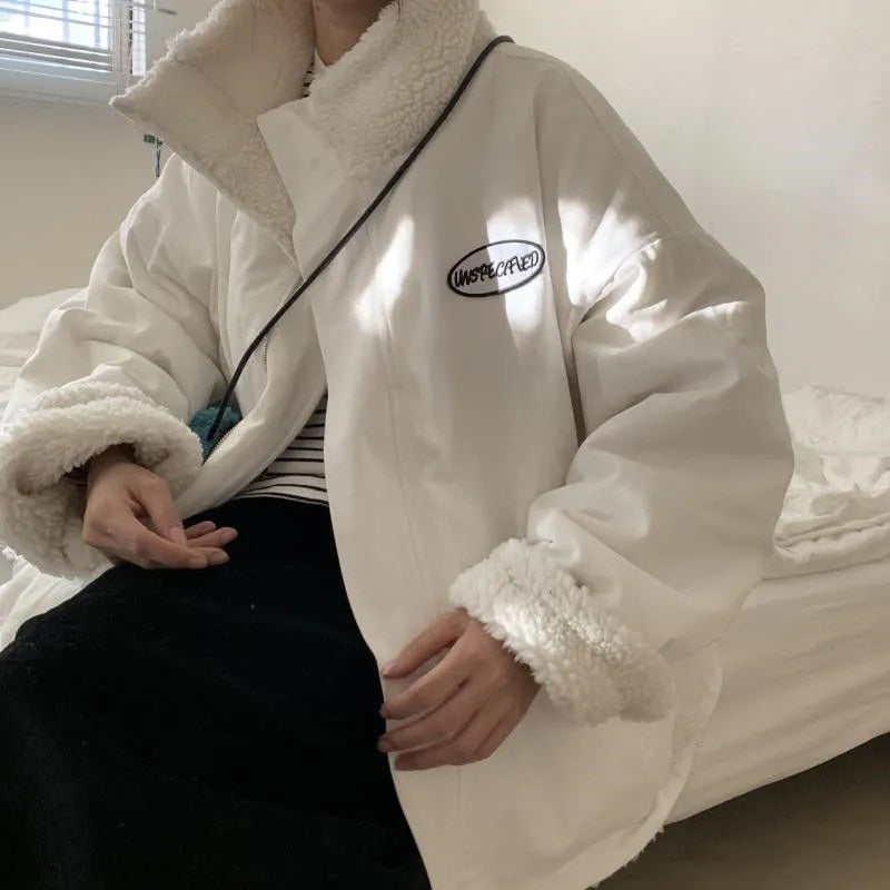 Harajuku Two Sides Wear Lamb Wool Coat Women 2022 Autumn