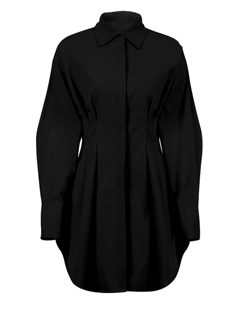Autumn Winter Dress Women Khaki Long Sleeve Pleated Shirt Dress