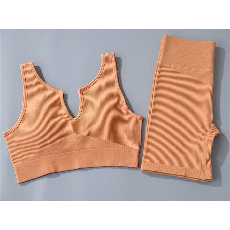 Seamless Sport Set Women 2 Two Piece Crop top Bra Leggings Shorts Yoga Set