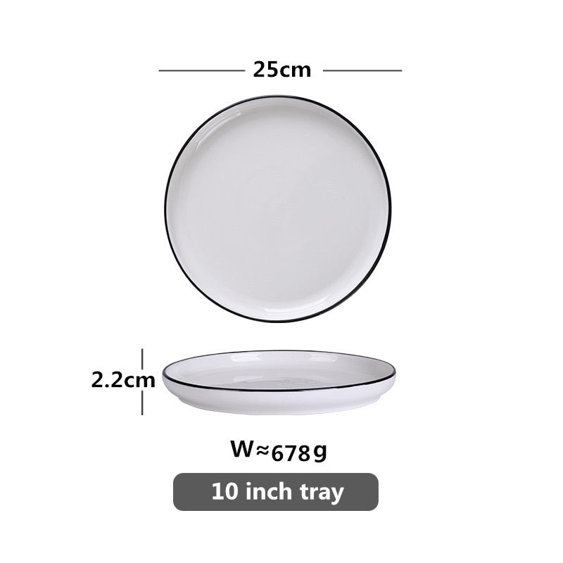 White With Black Edge Dinner Plate Ceramic Kitchen Dishes