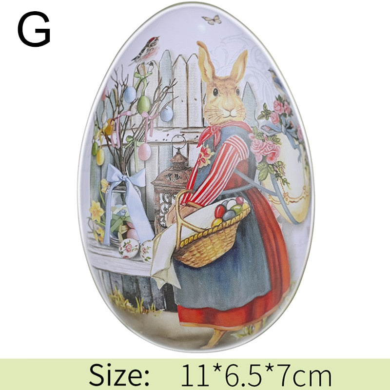 Metal Easter Egg Shape Cute Bunny Rabbit Printed Egg Candy Box