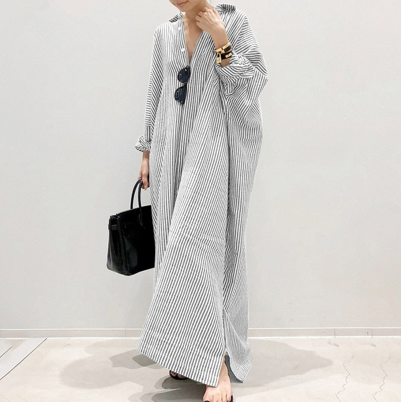 Fashion Cotton Linen Striped Cardigan Loose Large Casual
