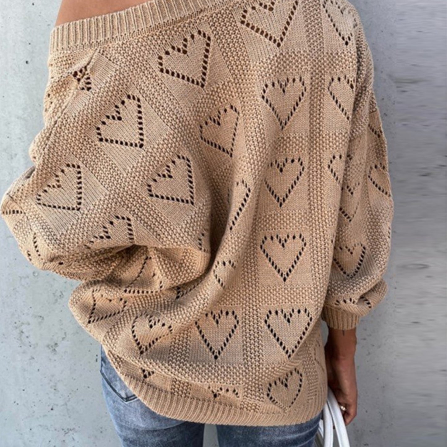 Women Autumn Winter Love Heart Hollow Crochet Sweater Loose