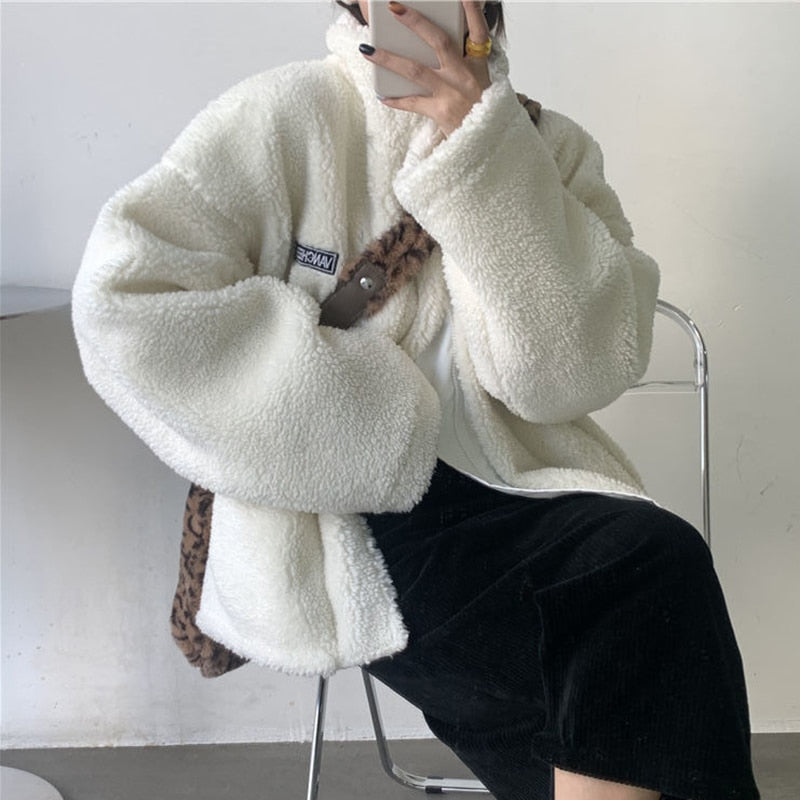 Harajuku Two Sides Wear Lamb Wool Coat Women 2022 Autumn