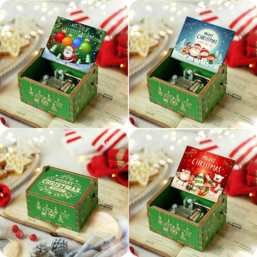 New Wooden Hand Crank Music Box Merry Christmas Music Theme